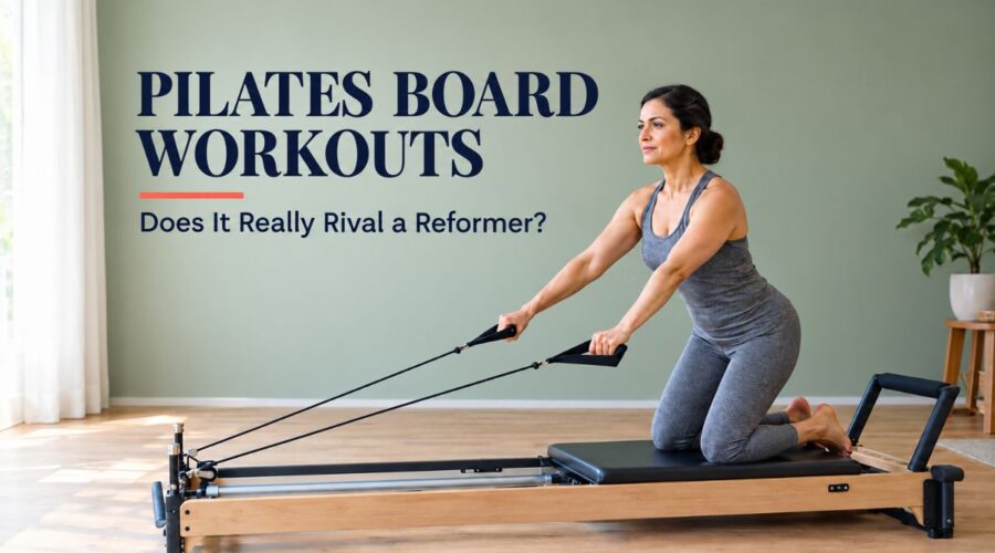 Woman doing a Pilates board workout at home as a reformer alternative