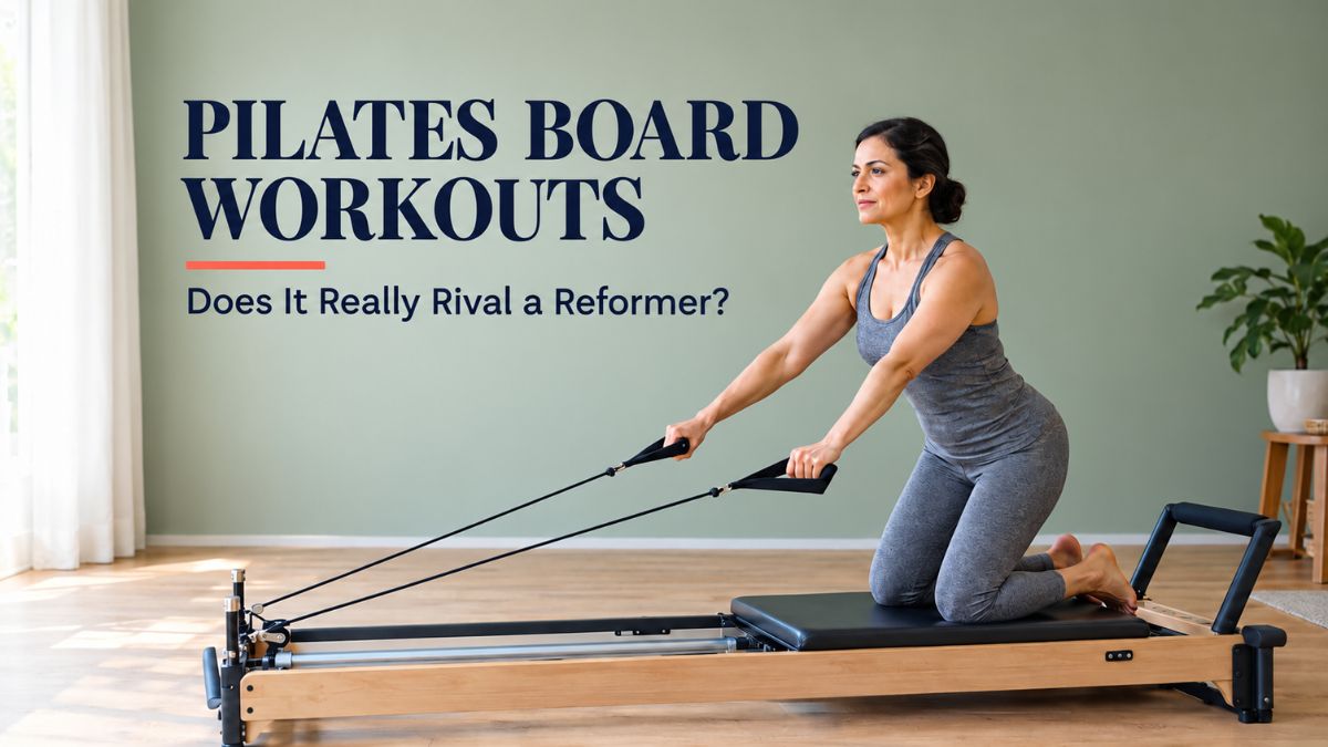 Woman doing a Pilates board workout at home as a reformer alternative